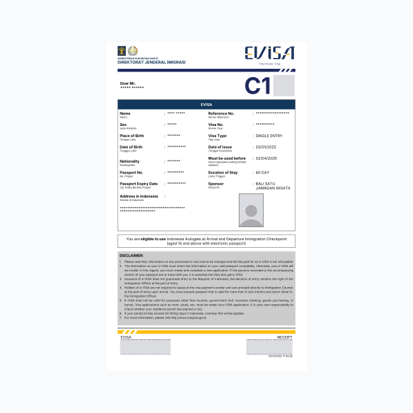 Single Entry Tourism Visa (C1)